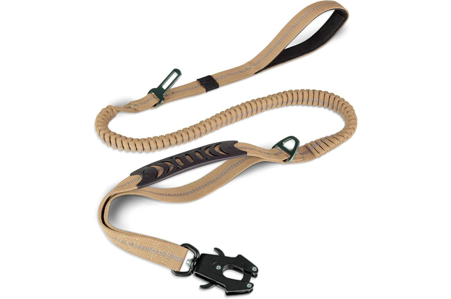A camo-patterned dog harness with adjustable black straps and sturdy metal rings, designed for secure and comfortable wear. The harness features multiple adjustment points and a padded interior for added comfort.