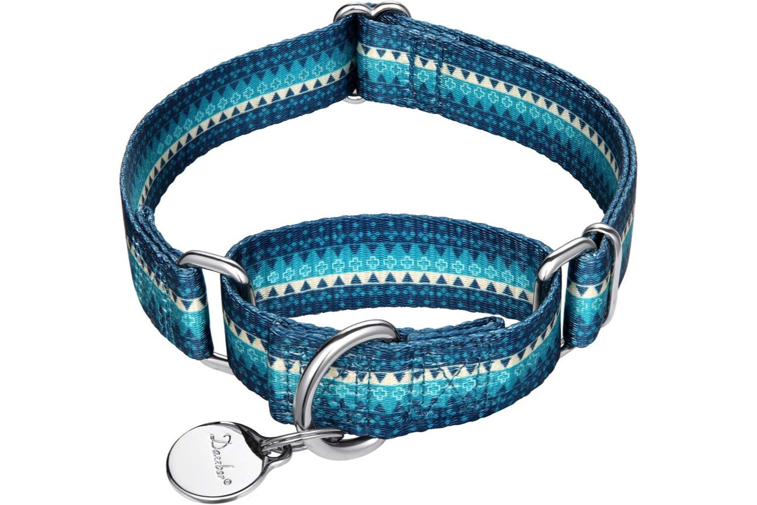 A blue dog harness featuring adjustable straps and padded panels on the chest and back for added comfort. It includes a top handle for enhanced control.